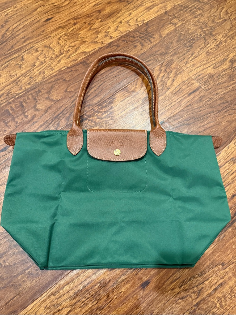 Longchamp Le Pliage Original M Tote British Green Brown Leather - Picture 14 of 15